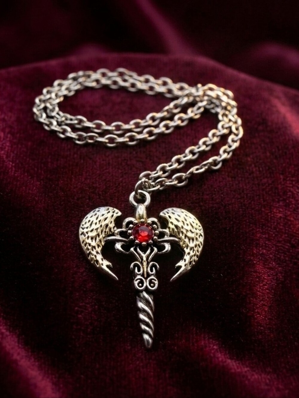 Gothic Angel Wing Pendant Necklace Red Gem - Picture 2 of 6